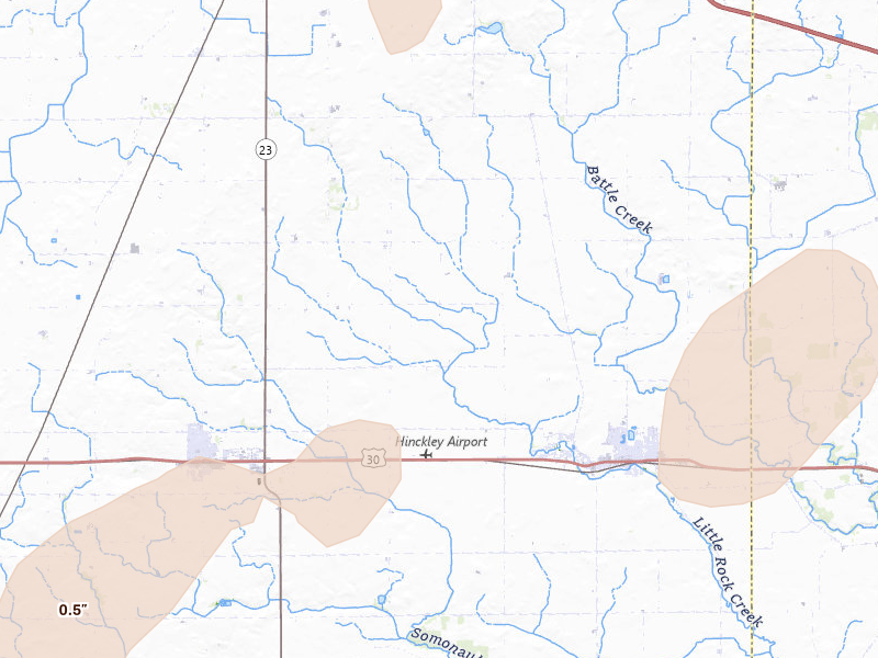 Radar-estimated hail-size map of the storm over Hinckley, IL on Jul 3, 2026