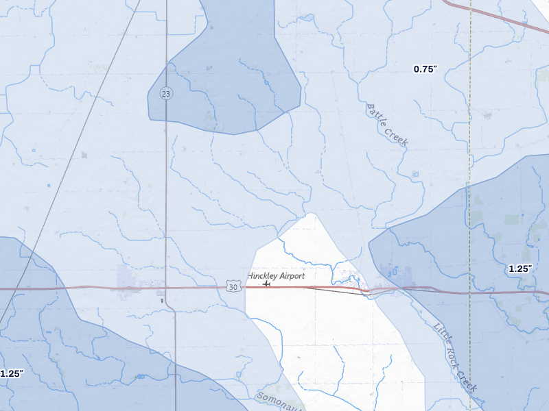 NEXRAD radar-signature map of the hail storm over Hinckley, IL on Jul 3, 2026
