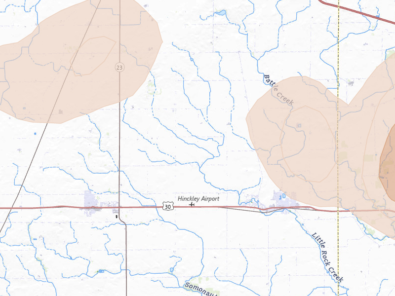 Radar-estimated hail-size map of the storm over Hinckley, IL on Jul 4, 2026