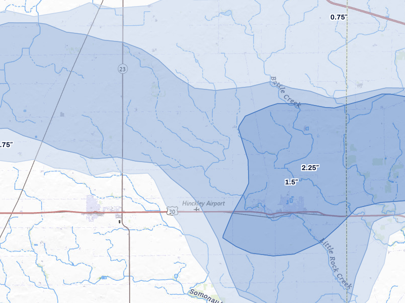 NEXRAD radar-signature map of the hail over Hinckley, IL