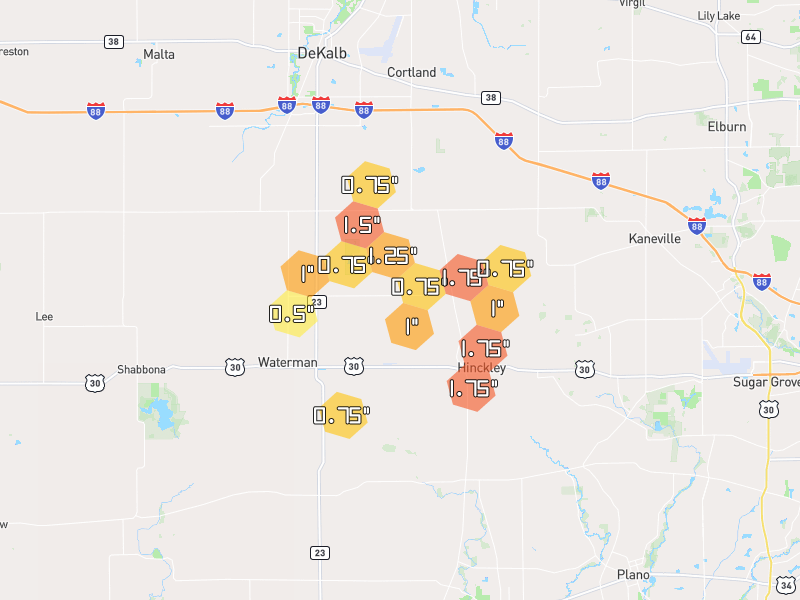 Hail map of Hinckley, IL on Jul 4, 2026, hail up to 1.75"