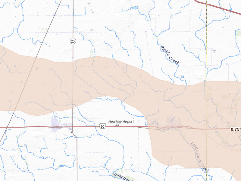 Radar-estimated hail-size map of the storm over Hinckley, IL on Aug 11, 2026