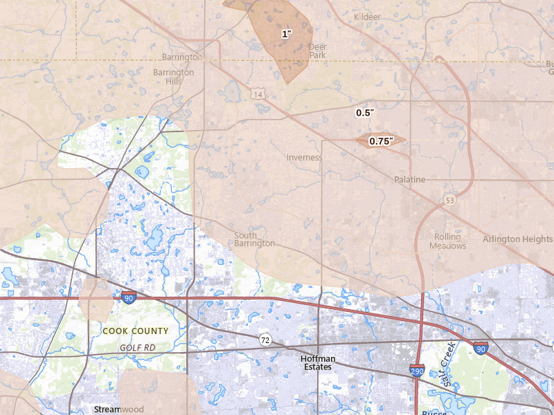 Radar-estimated hail-size map of the storm over Hoffman Estates, IL on Apr 14, 2026