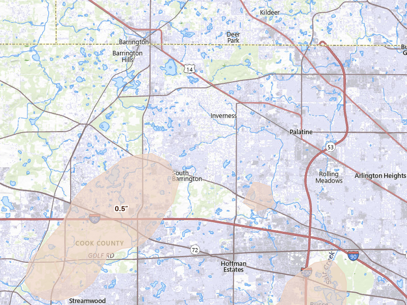 Radar-estimated hail-size map of the storm over Hoffman Estates, IL on Jul 3, 2026