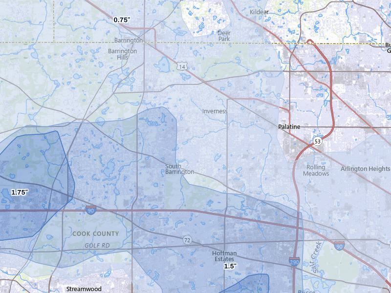 NEXRAD radar-signature map of the hail storm over Hoffman Estates, IL on Jul 3, 2026
