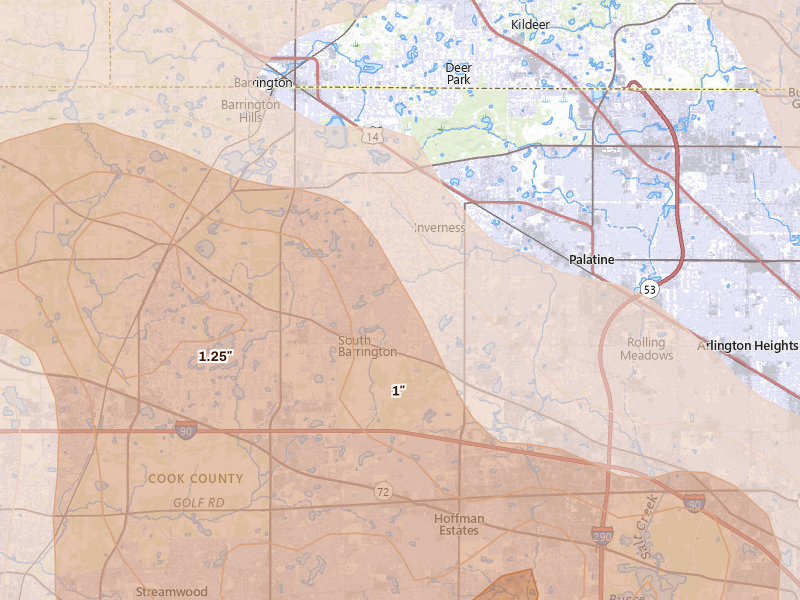 Radar-estimated hail-size map of the storm over Hoffman Estates, IL on Jul 27, 2026