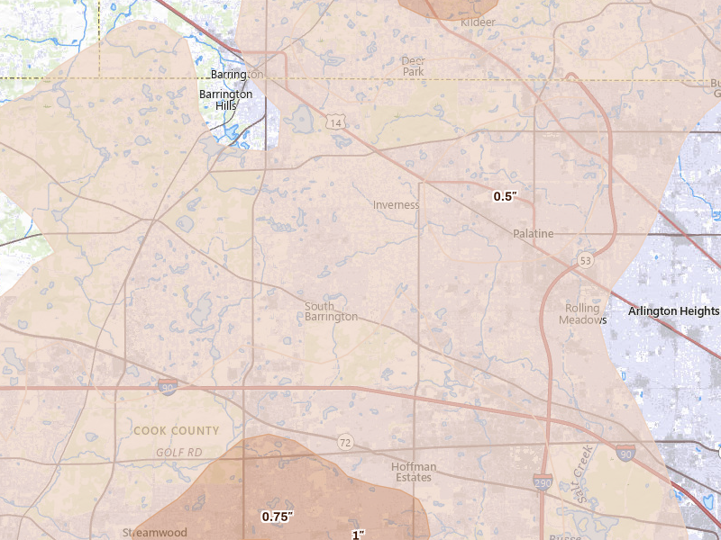 Radar-estimated hail-size map of the storm over Hoffman Estates, IL on Aug 9, 2026