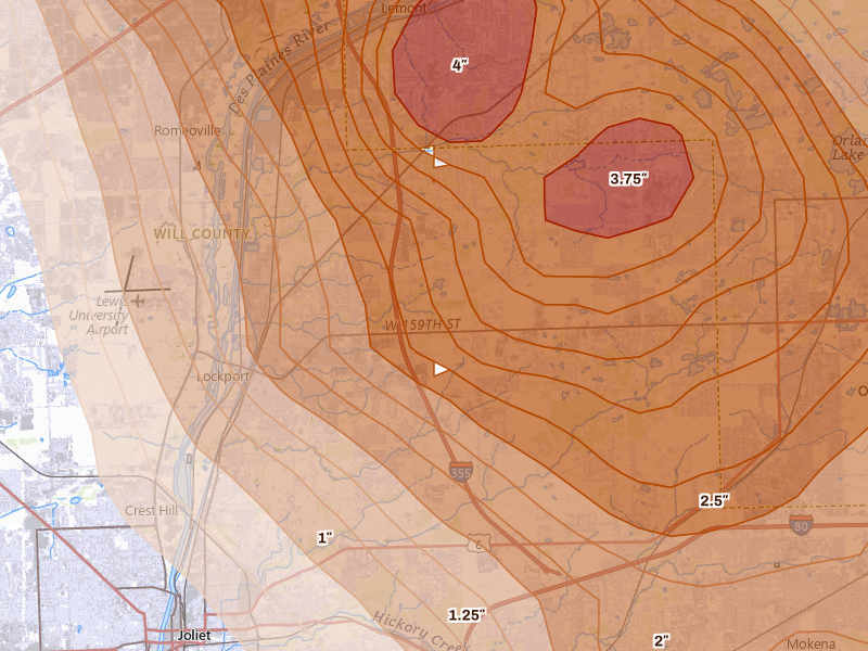 Radar-estimated hail-size map of the storm over Homer Glen, IL on Jul 27, 2026