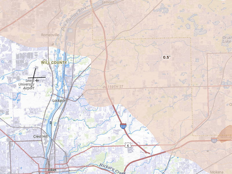 Radar-estimated hail-size map of the storm over Homer Glen, IL on Aug 9, 2026