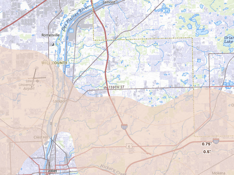 Radar-estimated hail-size map of the storm over Homer Glen, IL on Aug 11, 2026
