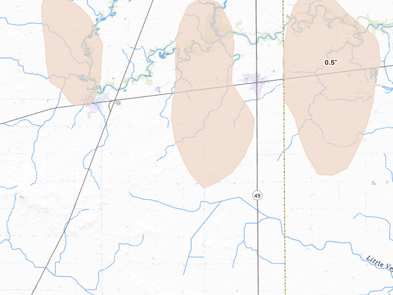 Radar-estimated hail-size map of the storm over Homer, IL on Apr 27, 2026