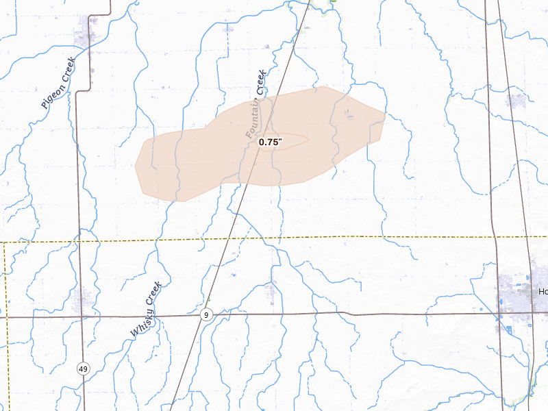 Radar-estimated hail-size map of the storm over Hoopeston, IL on Apr 3, 2026