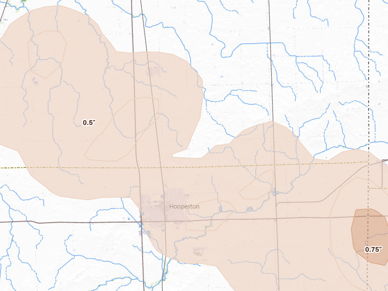 Radar-estimated hail-size map of the storm over Hoopeston, IL on Aug 11, 2026
