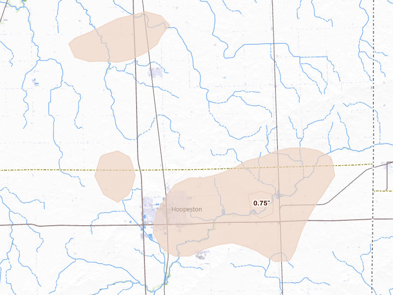 Radar-estimated hail-size map of the storm over Hoopeston, IL on Aug 13, 2026