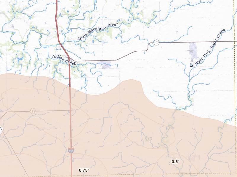 Radar-estimated hail-size map of the storm over Hopedale, IL on Jun 17, 2026