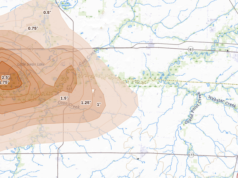 Radar-estimated hail-size map of the storm over Hoyleton, IL on Apr 26, 2026