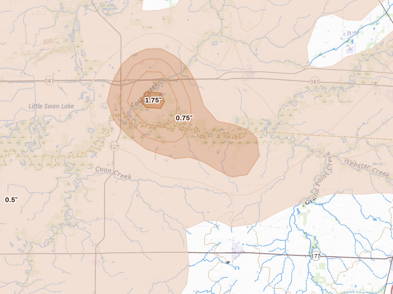 Radar-estimated hail-size map of the storm over Hoyleton, IL on Apr 27, 2026