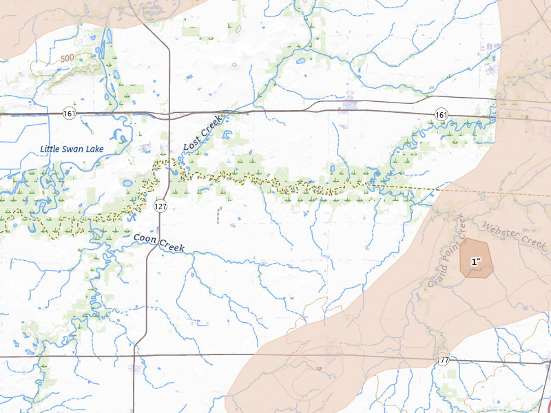 Radar-estimated hail-size map of the storm over Hoyleton, IL on May 16, 2026