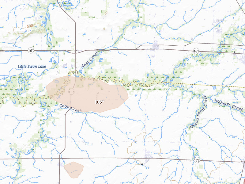 Radar-estimated hail-size map of the storm over Hoyleton, IL on May 31, 2026