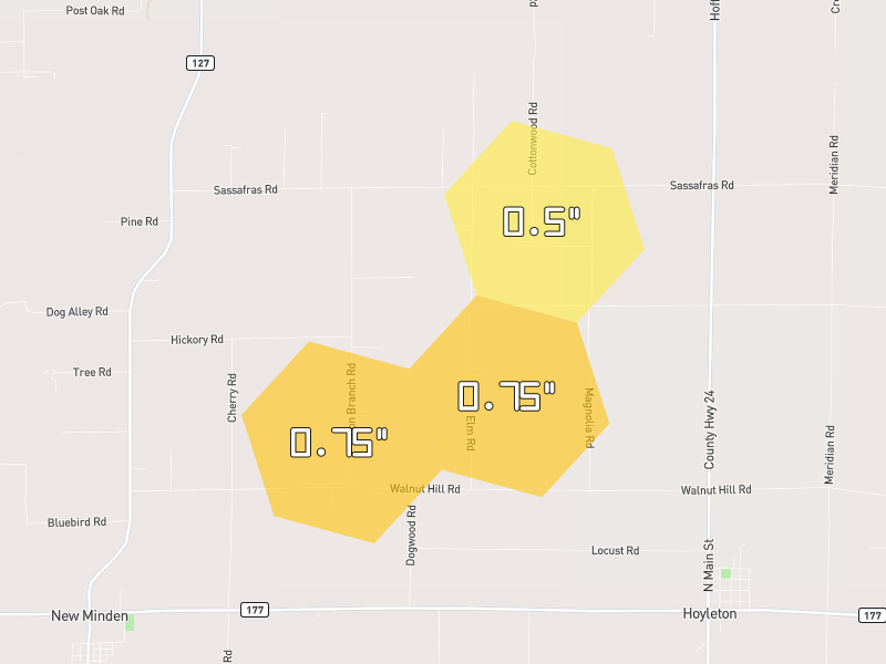Hail map of Hoyleton, IL on Jun 1, 2026, hail up to 0.75"