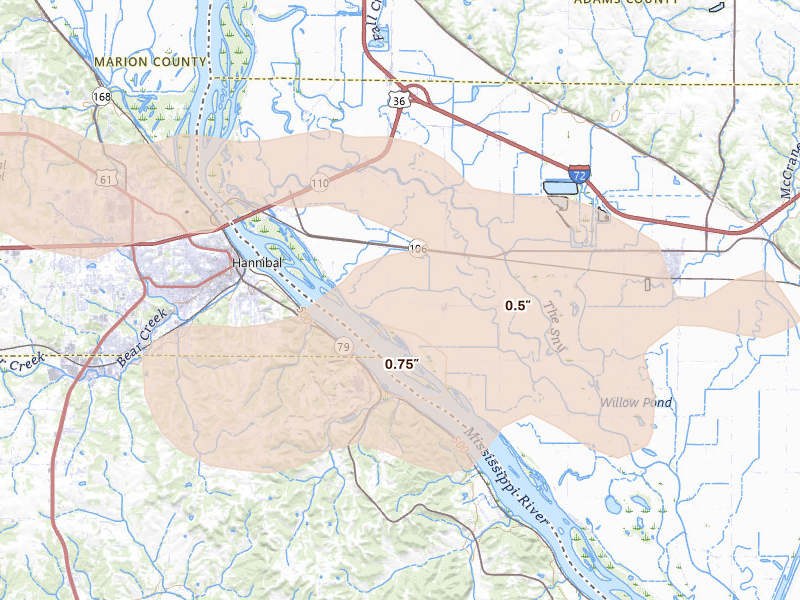 Radar-estimated hail-size map of the storm over Hull, IL on May 14, 2026