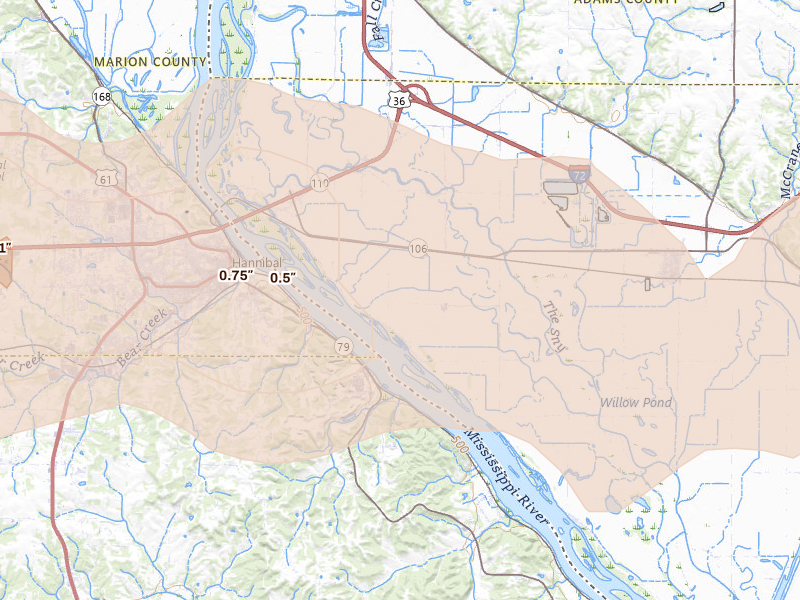 Radar-estimated hail-size map of the storm over Hull, IL on Jun 10, 2026