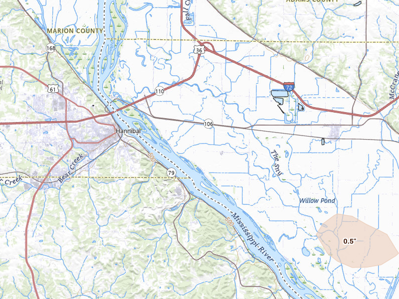 Radar-estimated hail-size map of the storm over Hull, IL on Jun 17, 2026