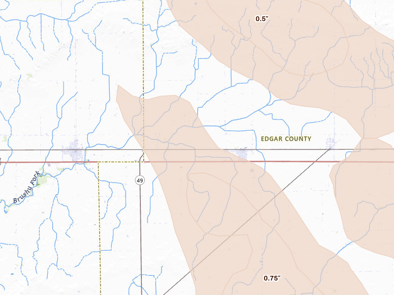 Radar-estimated hail-size map of the storm over Hume, IL on Jul 27, 2026