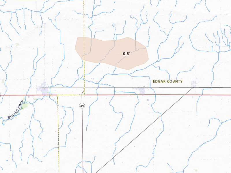 Radar-estimated hail-size map of the storm over Hume, IL on Aug 26, 2026