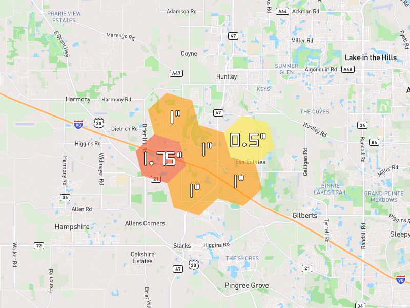 Hail map of Huntley, IL on Jul 4, 2026, hail up to 1.75"