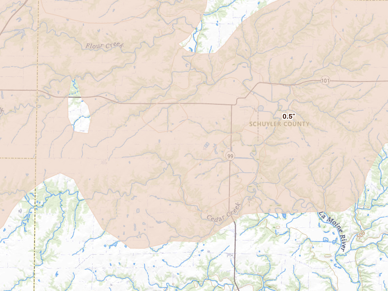 Radar-estimated hail-size map of the storm over Huntsville, IL on Jun 11, 2026