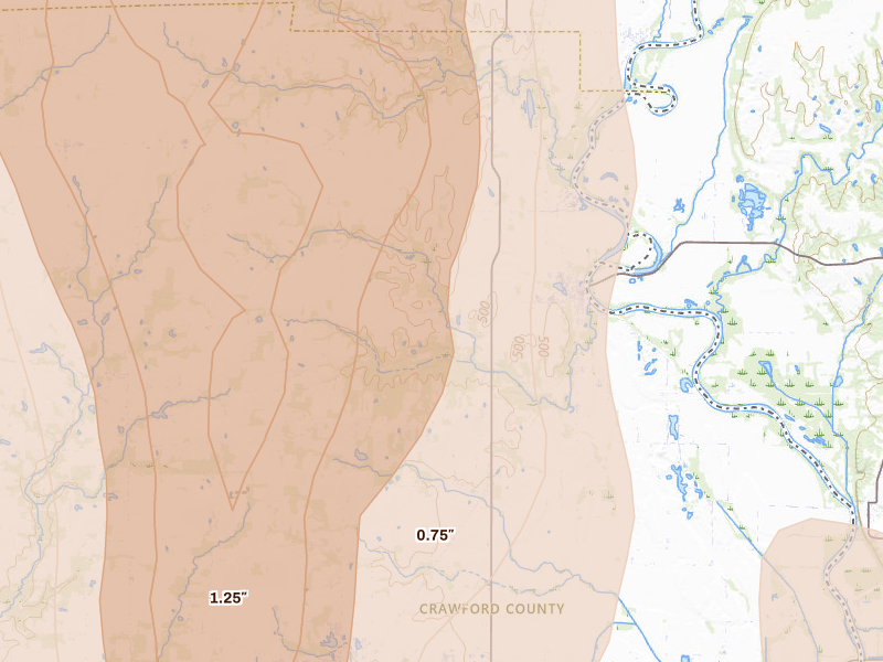 Radar-estimated hail-size map of the storm over Hutsonville, IL on Jul 27, 2026