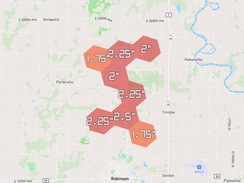 Hail map of Hutsonville, IL on Jul 28, 2026, hail up to 2.5"