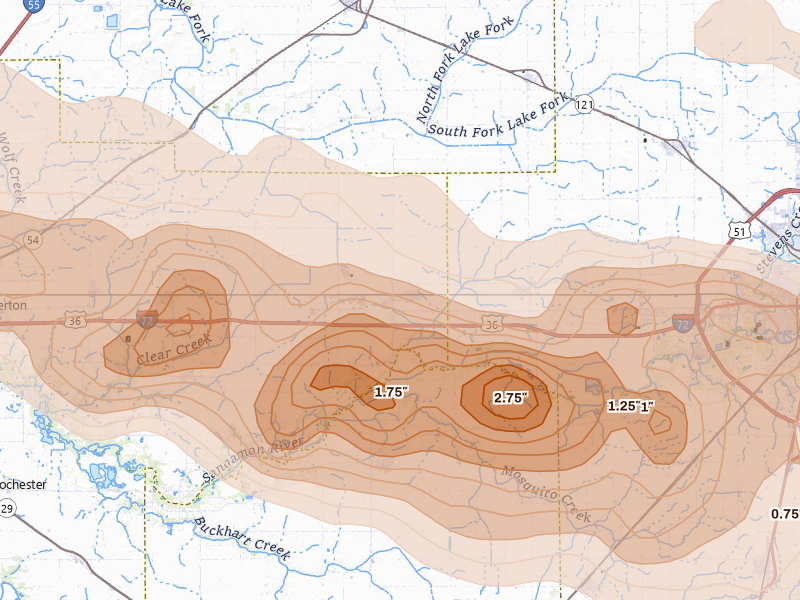 Radar-estimated hail-size map of the storm over Illiopolis, IL on Jun 17, 2026