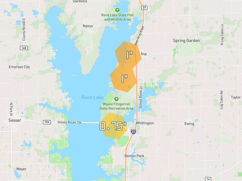 Hail map of Ina, IL on Jul 8, 2026, hail up to 1"