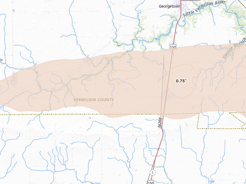 Radar-estimated hail-size map of the storm over Indianola, IL on Mar 22, 2026