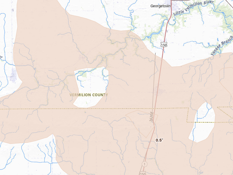 Radar-estimated hail-size map of the storm over Indianola, IL on Aug 11, 2026