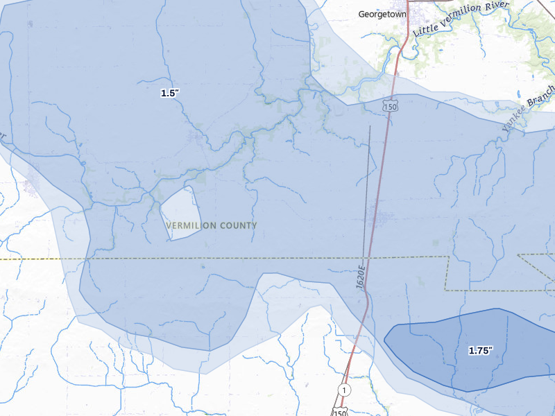 NEXRAD radar-signature map of the hail storm over Indianola, IL on Aug 11, 2026