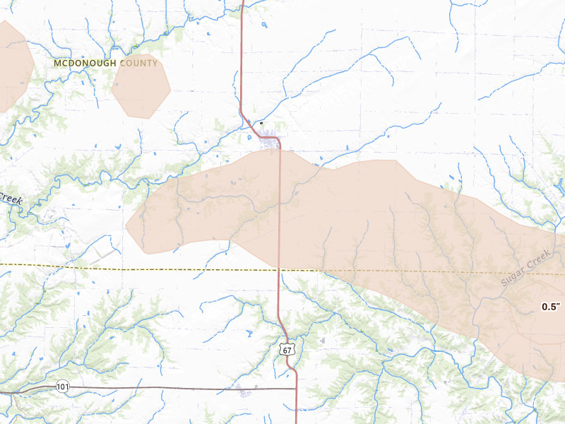 Radar-estimated hail-size map of the storm over Industry, IL on May 4, 2026