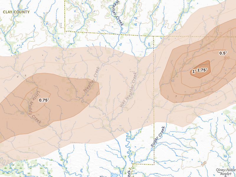 Radar-estimated hail-size map of the storm over Ingraham, IL on May 16, 2026