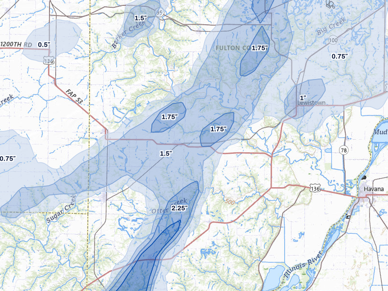 NEXRAD radar-signature map of the hail over Ipava, IL