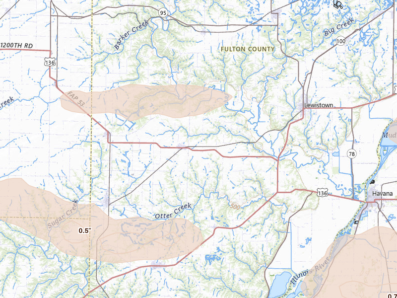 Radar-estimated hail-size map of the storm over Ipava, IL on May 4, 2026