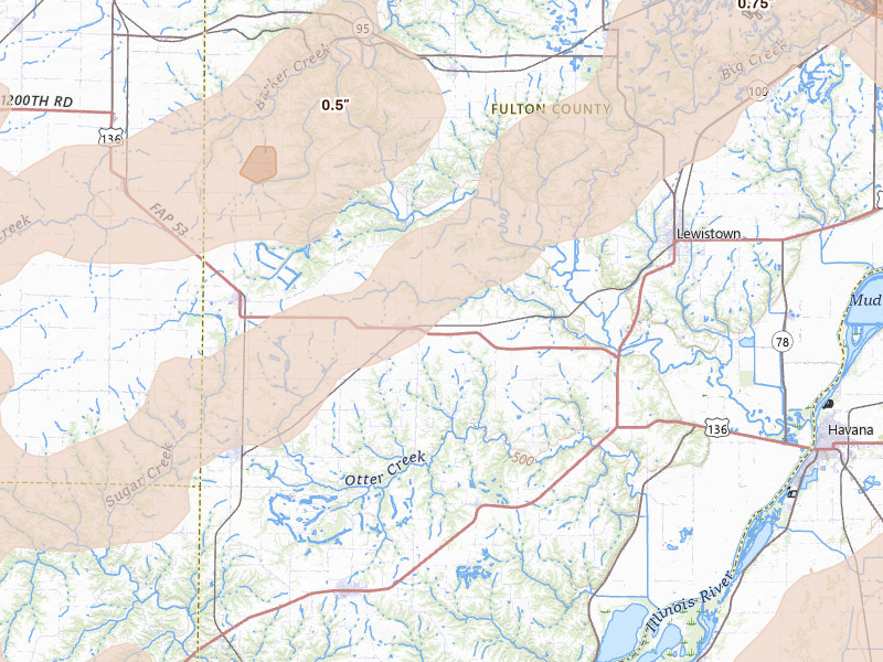 Radar-estimated hail-size map of the storm over Ipava, IL on Jun 11, 2026