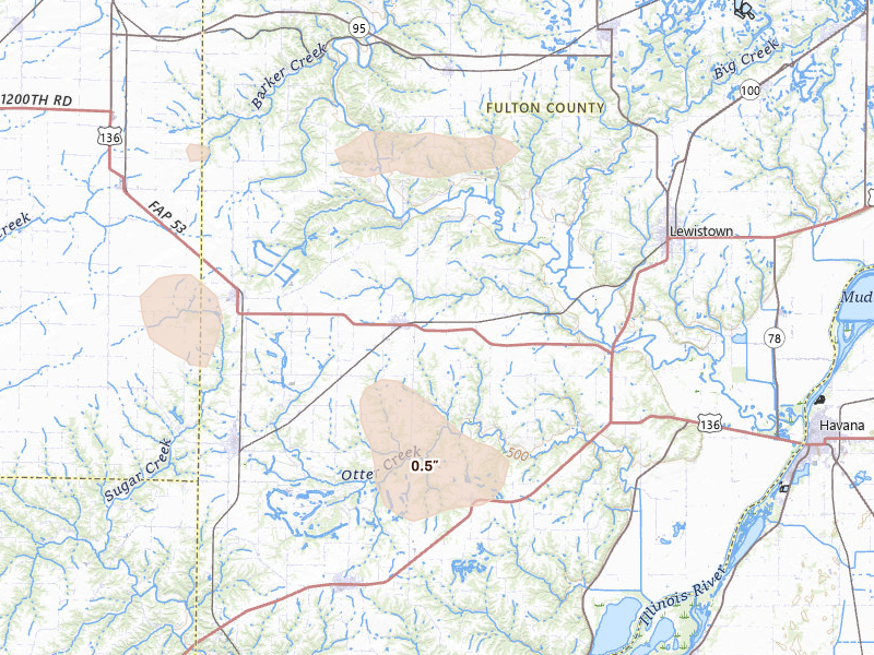 Radar-estimated hail-size map of the storm over Ipava, IL on Aug 14, 2026