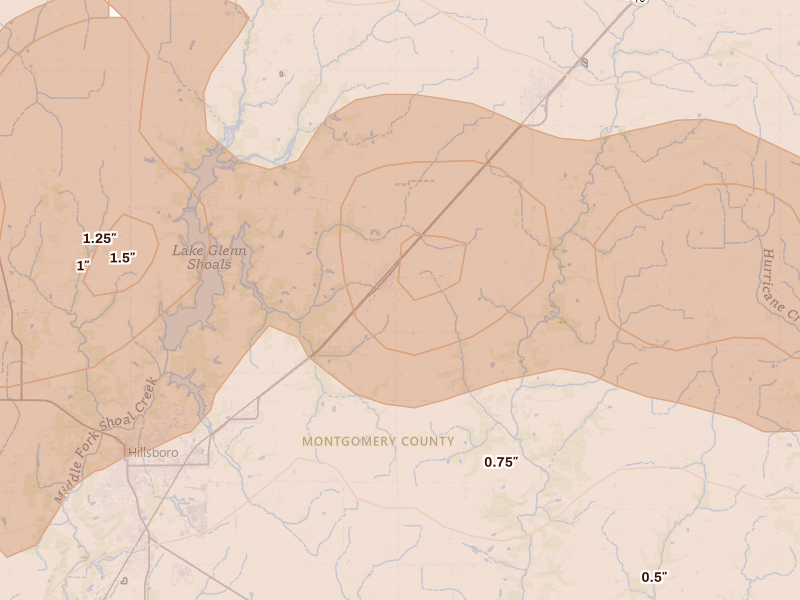 Radar-estimated hail-size map of the storm over Irving, IL on Apr 27, 2026