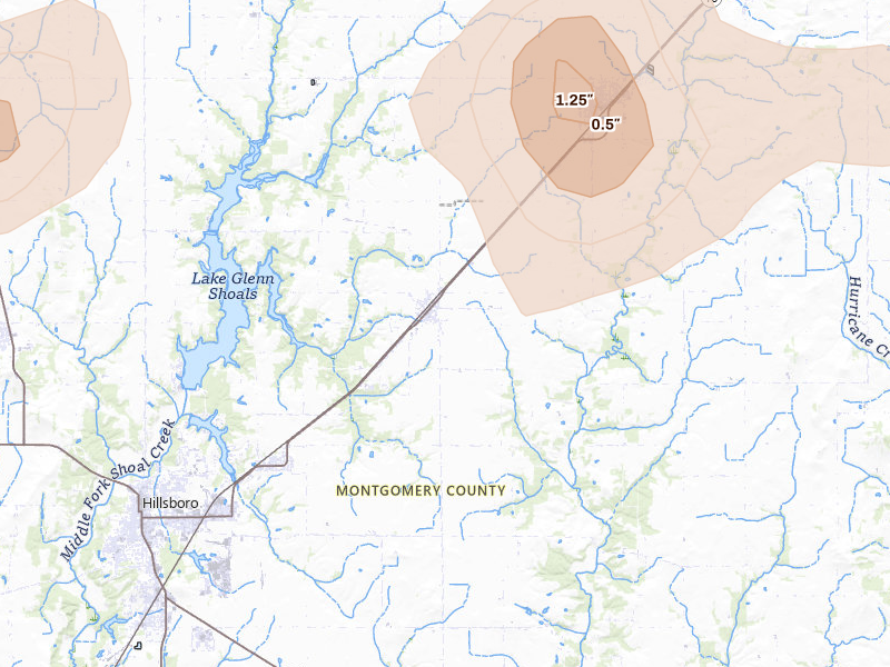 Radar-estimated hail-size map of the storm over Irving, IL on Jul 9, 2026