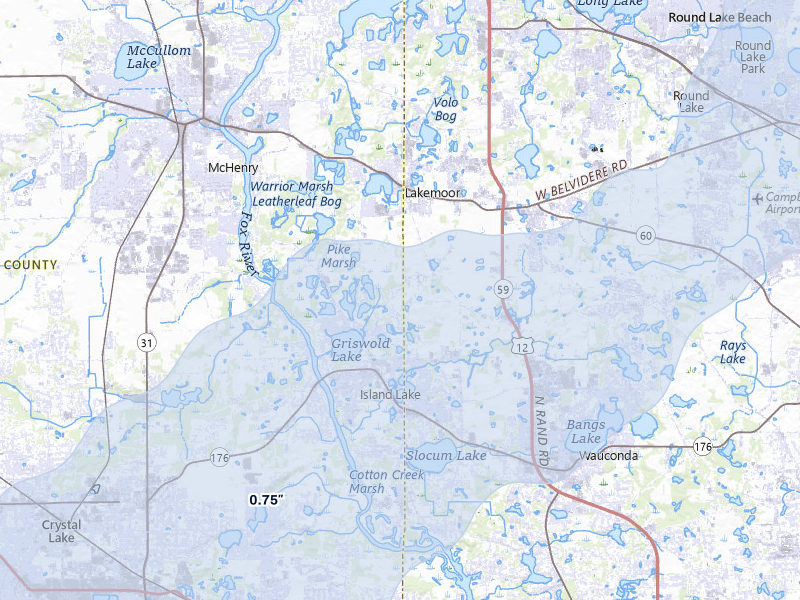 NEXRAD radar-signature map of the hail over Island Lake, IL
