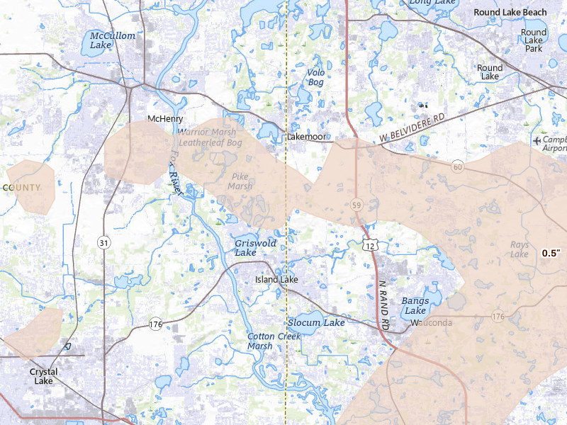 Radar-estimated hail-size map of the storm over Island Lake, IL on Aug 9, 2026