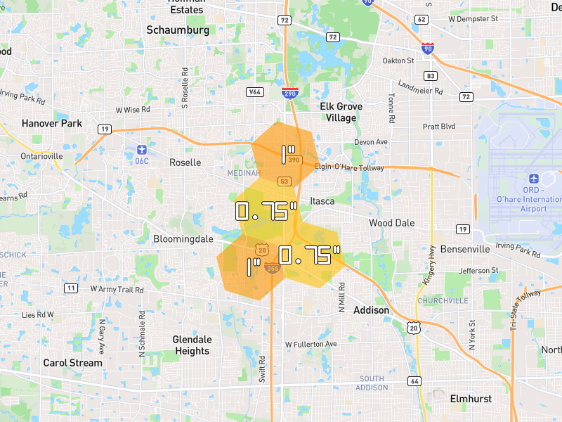 Hail map of Itasca, IL on Jul 4, 2026, hail up to 1"