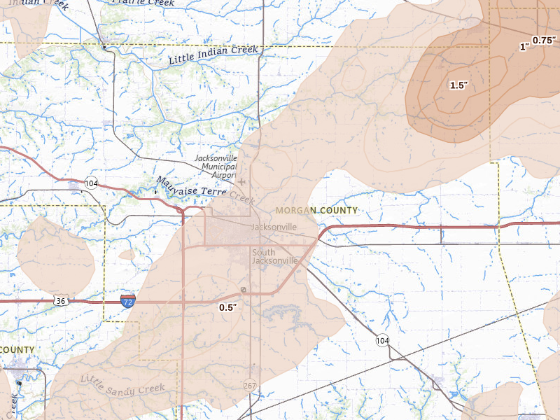 Radar-estimated hail-size map of the storm over Jacksonville, IL on Apr 27, 2026